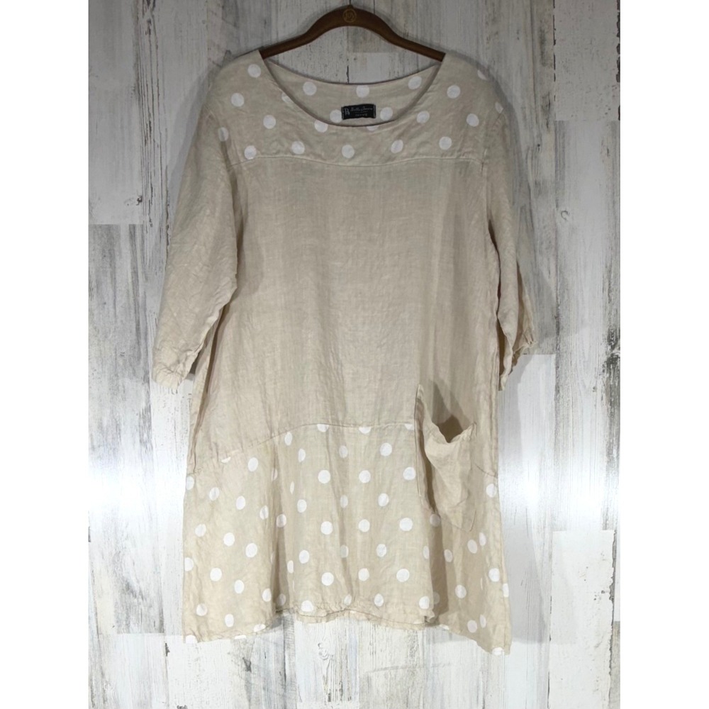 Bella Amore Linen Tunic Mini Dress S/M Beige Polka Dot Made in Italy Pocket